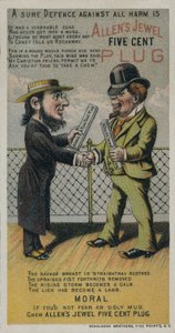 Cartolina commerciale che pubblicizza il tabacco da masticare Allens Jewel Five Cent Plug da American School